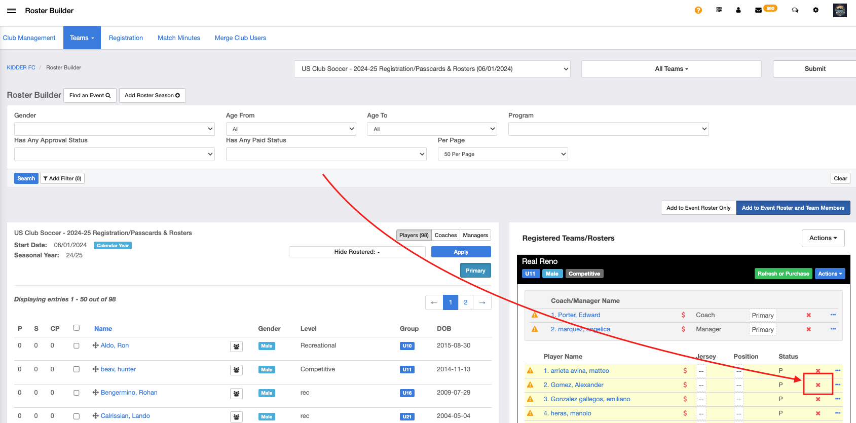 As an Admin - Removing a Player From Rosters in Roster Builder - US Club